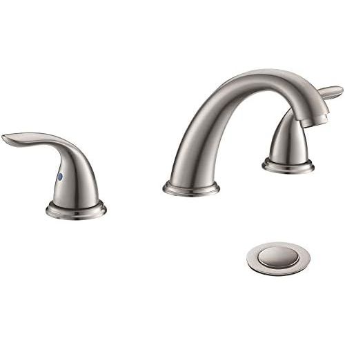  2 Handles 3 Holes Deck Mount Brushed Nickel Widespread Bathroom Faucet by Phiestina,with Stainless Steel Pop Up Drain, WF008-5-BN