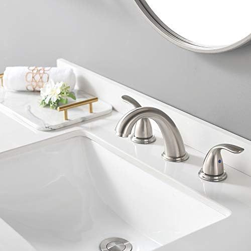  2 Handles 3 Holes Deck Mount Brushed Nickel Widespread Bathroom Faucet by Phiestina,with Stainless Steel Pop Up Drain, WF008-5-BN