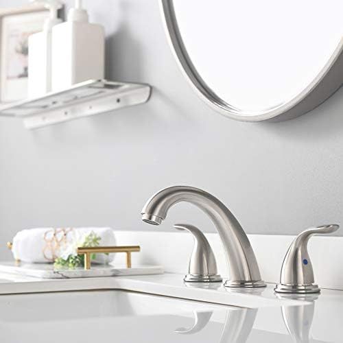 2 Handles 3 Holes Deck Mount Brushed Nickel Widespread Bathroom Faucet by Phiestina,with Stainless Steel Pop Up Drain, WF008-5-BN