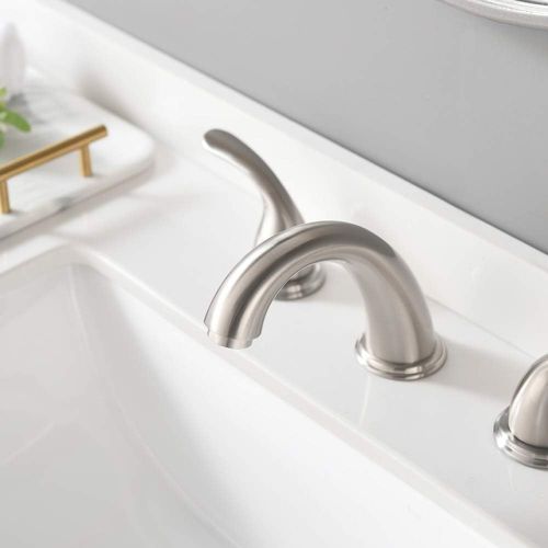  2 Handles 3 Holes Deck Mount Brushed Nickel Widespread Bathroom Faucet by Phiestina,with Stainless Steel Pop Up Drain, WF008-5-BN