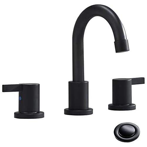  3-Hole Low-Arch 2-Handle Widespread Bathroom Faucets with Valve and Metal Pop-Up Drain Assembly,Matte Black by Phiestina, WF15-1-MB