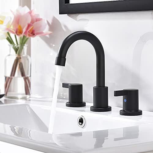  3-Hole Low-Arch 2-Handle Widespread Bathroom Faucets with Valve and Metal Pop-Up Drain Assembly,Matte Black by Phiestina, WF15-1-MB