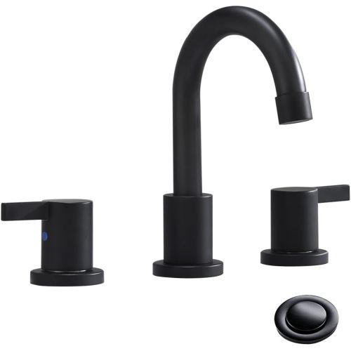  3-Hole Low-Arch 2-Handle Widespread Bathroom Faucets with Valve and Metal Pop-Up Drain Assembly,Matte Black by Phiestina, WF15-1-MB