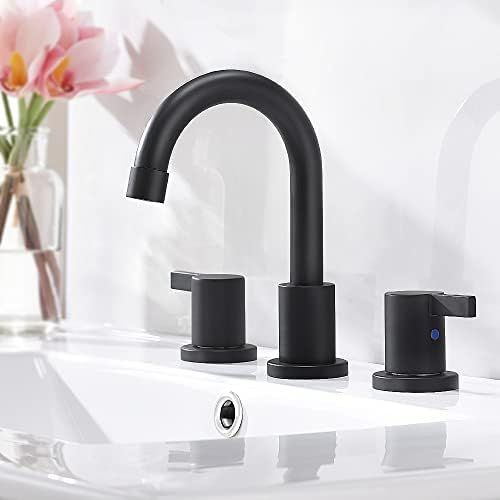  3-Hole Low-Arch 2-Handle Widespread Bathroom Faucets with Valve and Metal Pop-Up Drain Assembly,Matte Black by Phiestina, WF15-1-MB