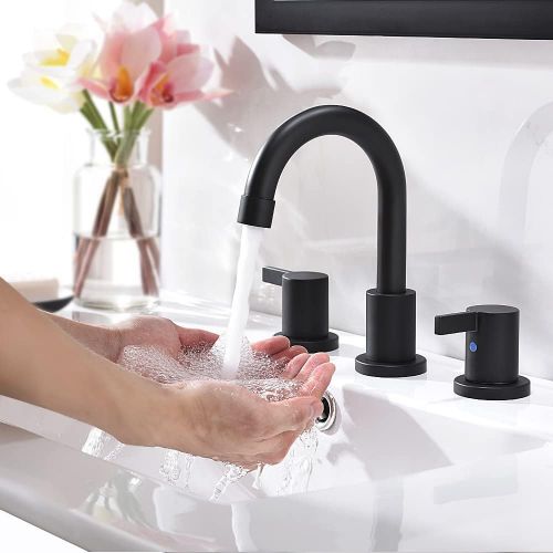  3-Hole Low-Arch 2-Handle Widespread Bathroom Faucets with Valve and Metal Pop-Up Drain Assembly,Matte Black by Phiestina, WF15-1-MB