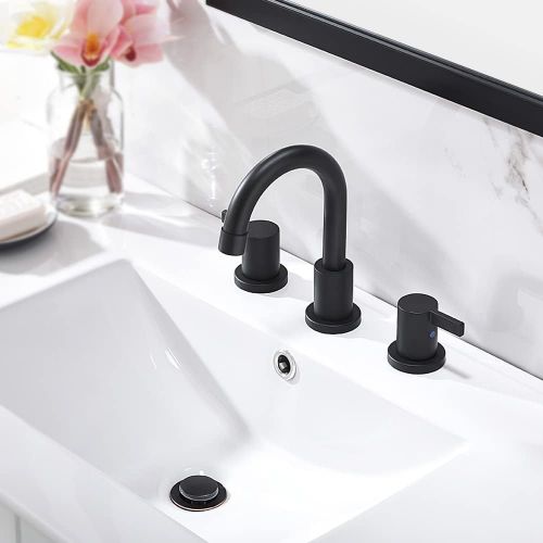  3-Hole Low-Arch 2-Handle Widespread Bathroom Faucets with Valve and Metal Pop-Up Drain Assembly,Matte Black by Phiestina, WF15-1-MB