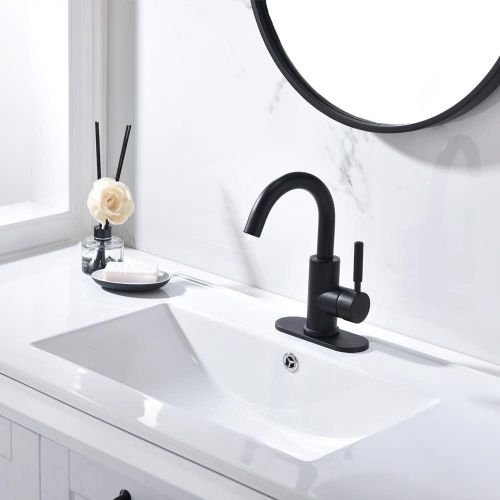  Single-Handle High-Arc Stainless Steel Faucet for Pre-Kitchen Sink/Bar Sink/Bathroom Sink by Phiestina, with 4 Inch Deck Plate and Supply Hoses, Matte Black, WE08E-MB