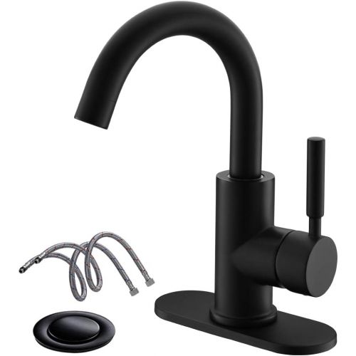  Single-Handle High-Arc Stainless Steel Faucet for Pre-Kitchen Sink/Bar Sink/Bathroom Sink by Phiestina, with 4 Inch Deck Plate and Supply Hoses, Matte Black, WE08E-MB