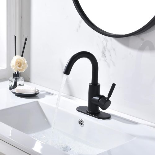  Single-Handle High-Arc Stainless Steel Faucet for Pre-Kitchen Sink/Bar Sink/Bathroom Sink by Phiestina, with 4 Inch Deck Plate and Supply Hoses, Matte Black, WE08E-MB