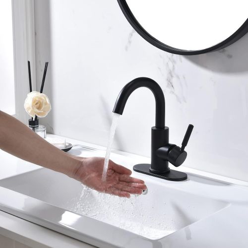  Single-Handle High-Arc Stainless Steel Faucet for Pre-Kitchen Sink/Bar Sink/Bathroom Sink by Phiestina, with 4 Inch Deck Plate and Supply Hoses, Matte Black, WE08E-MB