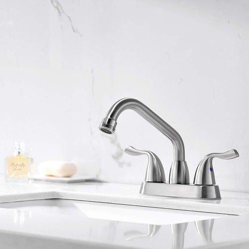 Brushed Nickel 2 Handles 4 Inch Centerest Threaded Spout Utility Sink/Laundry Faucet, with Swing Spout and Hose end by Phiestina, BF25-7-BN