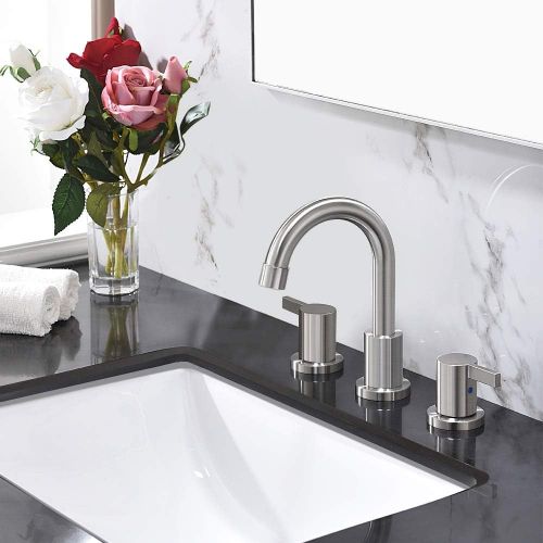  2 Handle 3 Hole 8 inch Widespread Bathroom Faucet with Metal Pop-Up Drain by Phiestina, Brushed Nickel, WF015-1-BN
