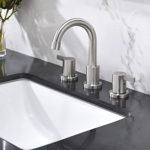  2 Handle 3 Hole 8 inch Widespread Bathroom Faucet with Metal Pop-Up Drain by Phiestina, Brushed Nickel, WF015-1-BN