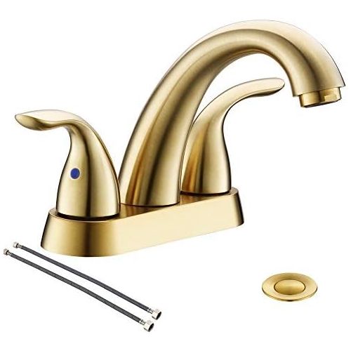  Brushed Gold 4 Inch 2 Handle Centerset Stainless Steel Bathroom Faucet By Phiestina, Bathroom Faucet With Copper Pop Up Drain And Water Supply Lines, BF008-5-BG