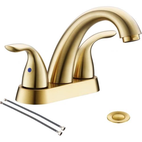  Brushed Gold 4 Inch 2 Handle Centerset Stainless Steel Bathroom Faucet By Phiestina, Bathroom Faucet With Copper Pop Up Drain And Water Supply Lines, BF008-5-BG