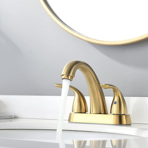  Brushed Gold 4 Inch 2 Handle Centerset Stainless Steel Bathroom Faucet By Phiestina, Bathroom Faucet With Copper Pop Up Drain And Water Supply Lines, BF008-5-BG