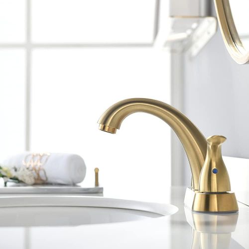  Brushed Gold 4 Inch 2 Handle Centerset Stainless Steel Bathroom Faucet By Phiestina, Bathroom Faucet With Copper Pop Up Drain And Water Supply Lines, BF008-5-BG