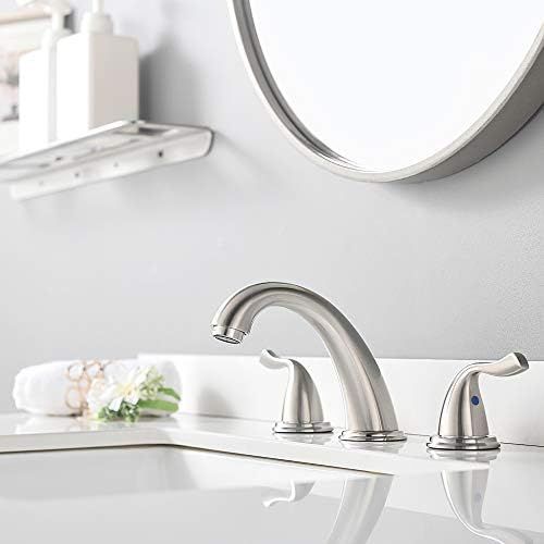  Brushed Nickel Two Handle High-Arc Widespread Bathroom Sink Faucet by Phiestina, with Stainless Steel Pop Up Drain, WF008-7-BN