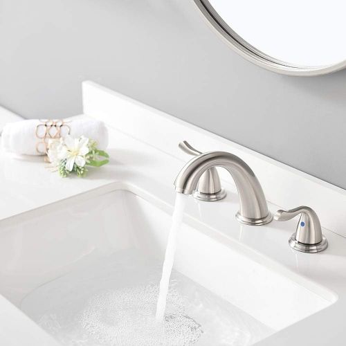  Brushed Nickel Two Handle High-Arc Widespread Bathroom Sink Faucet by Phiestina, with Stainless Steel Pop Up Drain, WF008-7-BN