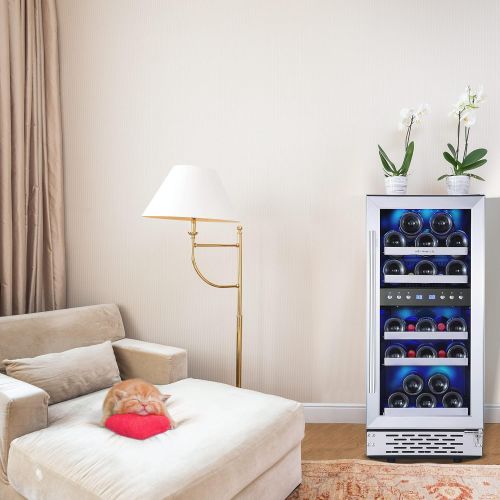  [아마존베스트]Phiestina 15 Inch Dual Zone Wine Cooler Refrigerator - 29 Bottle Built-in or Free-standing Frost Free Compressor Wine Refrigerator for White and Red Wines with Digital Memory Tempe