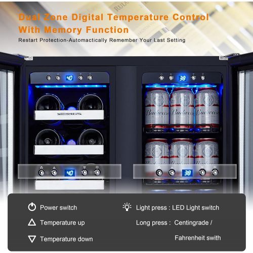  Phiestina Wine Cooler Beverage Refrigerator, 24” Beer Wine Fridge with Dual-Zone Digital Temperature Control, Glass Front Doors and Interior Lighting Holds 20 Bottles and 72 Cans o