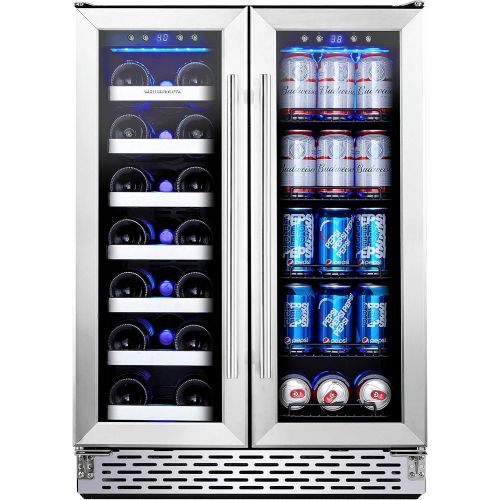  Phiestina Wine Cooler Beverage Refrigerator, 24” Beer Wine Fridge with Dual-Zone Digital Temperature Control, Glass Front Doors and Interior Lighting Holds 20 Bottles and 72 Cans o