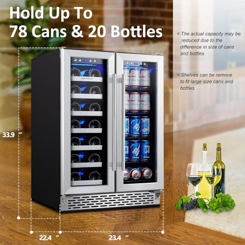  Phiestina Wine Cooler Beverage Refrigerator, 24” Beer Wine Fridge with Dual-Zone Digital Temperature Control, Glass Front Doors and Interior Lighting Holds 20 Bottles and 72 Cans o