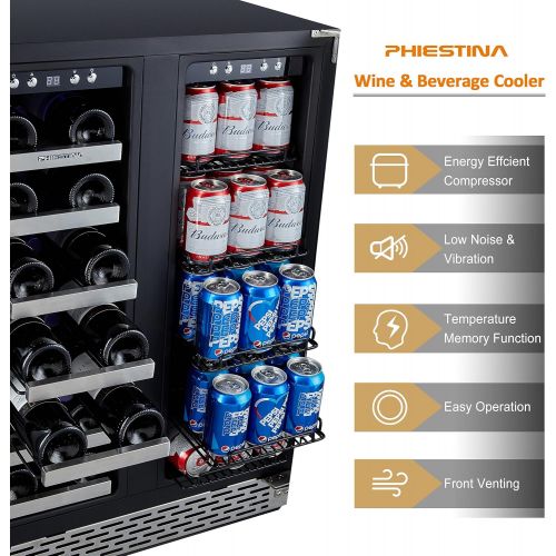  Phiestina Wine Cooler Beverage Refrigerator, 24” Beer Wine Fridge with Dual-Zone Digital Temperature Control, Glass Front Doors and Interior Lighting Holds 20 Bottles and 72 Cans o