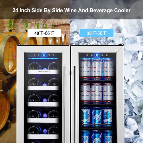  Phiestina Wine Cooler Beverage Refrigerator, 24” Beer Wine Fridge with Dual-Zone Digital Temperature Control, Glass Front Doors and Interior Lighting Holds 20 Bottles and 72 Cans o