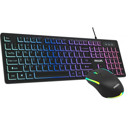  Philips Wired Gaming Keyboard and Mouse Combo, Quiet RGB Backlit Membrane Keyboard with LED Optical Mouse, Island Style- Chiclet Keys for Gaming, Business and Office