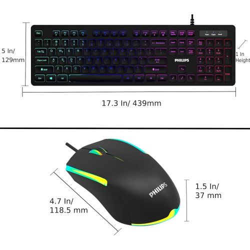  Philips Wired Gaming Keyboard and Mouse Combo, Quiet RGB Backlit Membrane Keyboard with LED Optical Mouse, Island Style- Chiclet Keys for Gaming, Business and Office