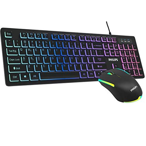  Philips Wired Gaming Keyboard and Mouse Combo, Quiet RGB Backlit Membrane Keyboard with LED Optical Mouse, Island Style- Chiclet Keys for Gaming, Business and Office