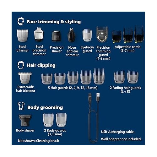 필립스 Philips Norelco Multi Groomer 23 Piece Mens Grooming Kit, Trimmer for Beard, Head, Body, and Face - NO Blade Oil Needed MG9520/50