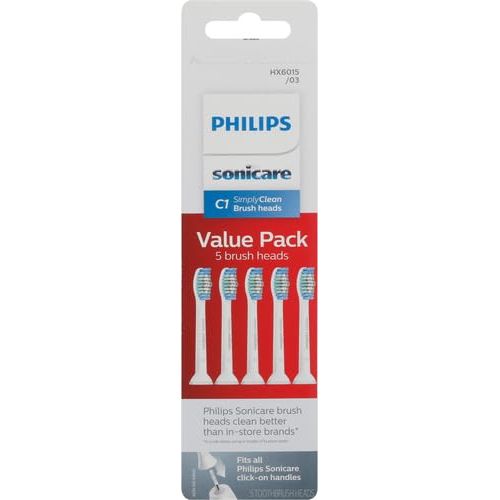 필립스 Philips Sonicare Genuine SimplyClean Replacement Toothbrush Heads, 5 Brush Heads, White, HX6015/03