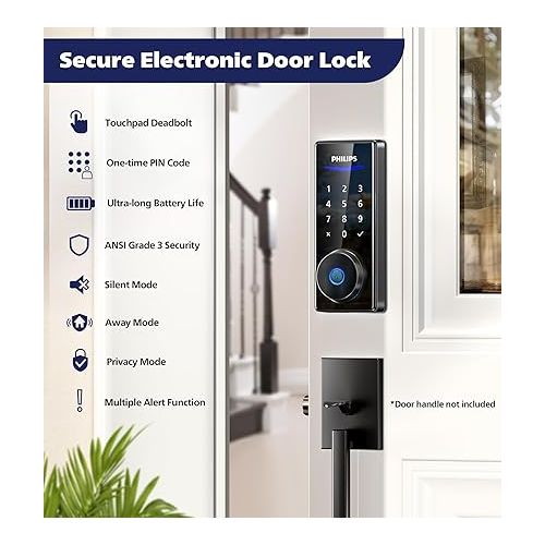 필립스 Philips Fingerprint Door Lock, Digital Keypad Deadbolt Lock with Keys, Electronic Biometric Keyless Entry Door Lock for Front Door,Auto Lock,Easy Install,IP54 Waterproof