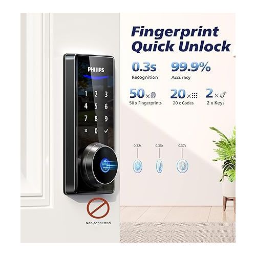 필립스 Philips Fingerprint Door Lock, Digital Keypad Deadbolt Lock with Keys, Electronic Biometric Keyless Entry Door Lock for Front Door,Auto Lock,Easy Install,IP54 Waterproof