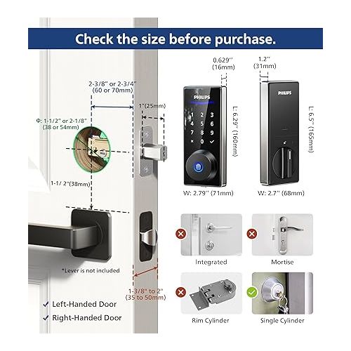 필립스 Philips Fingerprint Door Lock, Keyless Entry Door Lock, Electronic Door Lock, Touchscreen Keypad Deadbolt - Easy Installation and Set up - Satin Nickel