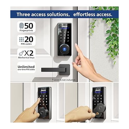 필립스 Philips Fingerprint Door Lock, Keyless Entry Door Lock, Electronic Door Lock, Touchscreen Keypad Deadbolt - Easy Installation and Set up - Satin Nickel