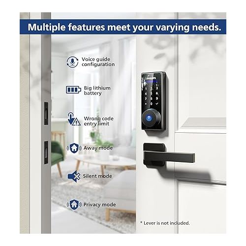 필립스 Philips Fingerprint Door Lock, Keyless Entry Door Lock, Electronic Door Lock, Touchscreen Keypad Deadbolt - Easy Installation and Set up - Matte Black