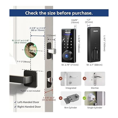 필립스 Philips Fingerprint Door Lock, Keyless Entry Door Lock, Electronic Door Lock, Touchscreen Keypad Deadbolt - Easy Installation and Set up - Matte Black