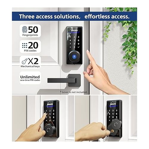 필립스 Philips Fingerprint Door Lock, Keyless Entry Door Lock, Electronic Door Lock, Touchscreen Keypad Deadbolt - Easy Installation and Set up - Matte Black