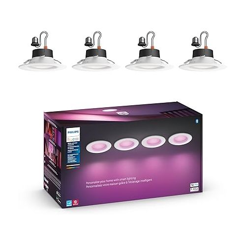 필립스 Philips Hue White and Color Ambiance Extra Bright Dimmable LED Smart Recessed Downlights (4 Pack) and (1 Pack) Compatible with Voice Assistants