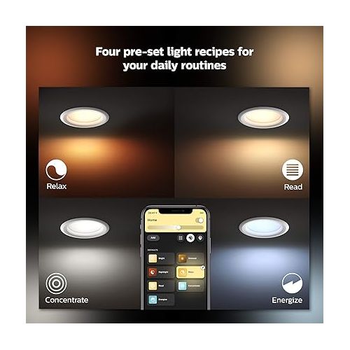 필립스 Philips Hue Smart Recessed 5/6 Inch LED Downlight Old Version- White and Color Ambiance Color-Changing Light - 4 Pack - 700LM - Control with App - Works with Alexa, Google Assistant and Apple Homekit