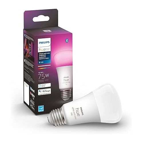 필립스 Philips Hue Smart 100W A21 LED Bulb - White Ambiance Warm-to-Cool White Light - 1 Pack - 1600LM & Smart 75W A19 LED Bulb - White and Color Ambiance Color-Changing Light - 1 Pack