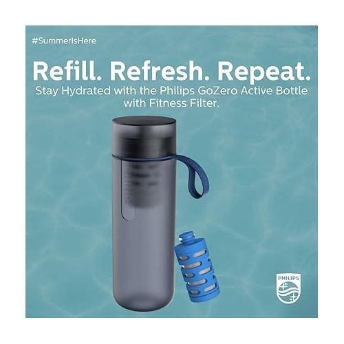 필립스 PHILIPS Water GoZero Active BPA-Free Water Bottle with Fitness Tap Water Filter, Sport Squeeze Water Bottle, Lightweight, Blue, 20 oz with Fitness Filter, Blue