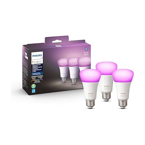 필립스 Philips Hue White and Color Ambiance A19 E26 LED Smart Bulb, 3 Pack & Smart Dimmer Switch and Remote, Installation-Free, Smart Home, Exclusively Smart Lights (2021 Version), White