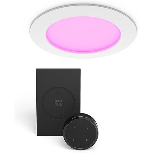 필립스 Philips Hue (1) Black Tap Dial Switch with (1) Smart Slim 5/6 Inch LED Downlight, White and Color Ambiance Color-Changing Light, 1200LM - Requires Bridge - Control with Hue App or Voice Assistant