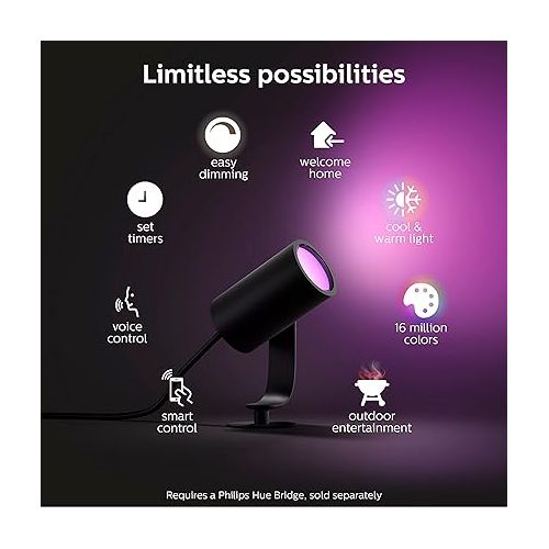 필립스 Philips Hue Lily Outdoor Smart Spot Light - White & Color Ambiance LED Walkway Lights - Low Voltage Lighting - 1 Pack - Requires Bridge and Power Supply - Control with App and Voice - Weatherproof