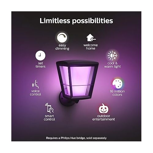 필립스 Philips Hue Econic Up Outdoor Smart Wall Light, Black - E26 White and Color Ambiance LED Color-Changing Bulb - 2 Pack - Requires Hue Bridge - Control with Hue App and Voice - Weatherproof