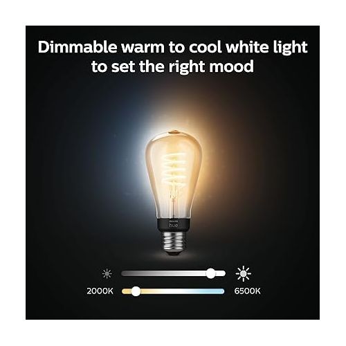 필립스 Philips Hue 7W ST19 White Ambiance LED Smart Vintage Edison Filament Bulb, Warm - Pack of 1 - E26 - Control with App - Compatible with Alexa, Google Assistant and Apple HomeKit